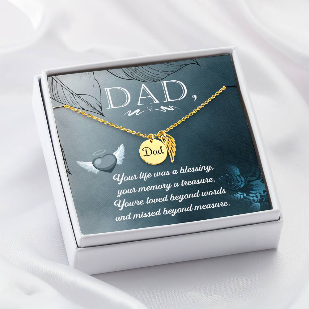 Your Life Was a Blessing Remembrance Necklace for Dad Angel Wing Charm Stainless Steel or 18k Gold Finish-Express Your Love Gifts