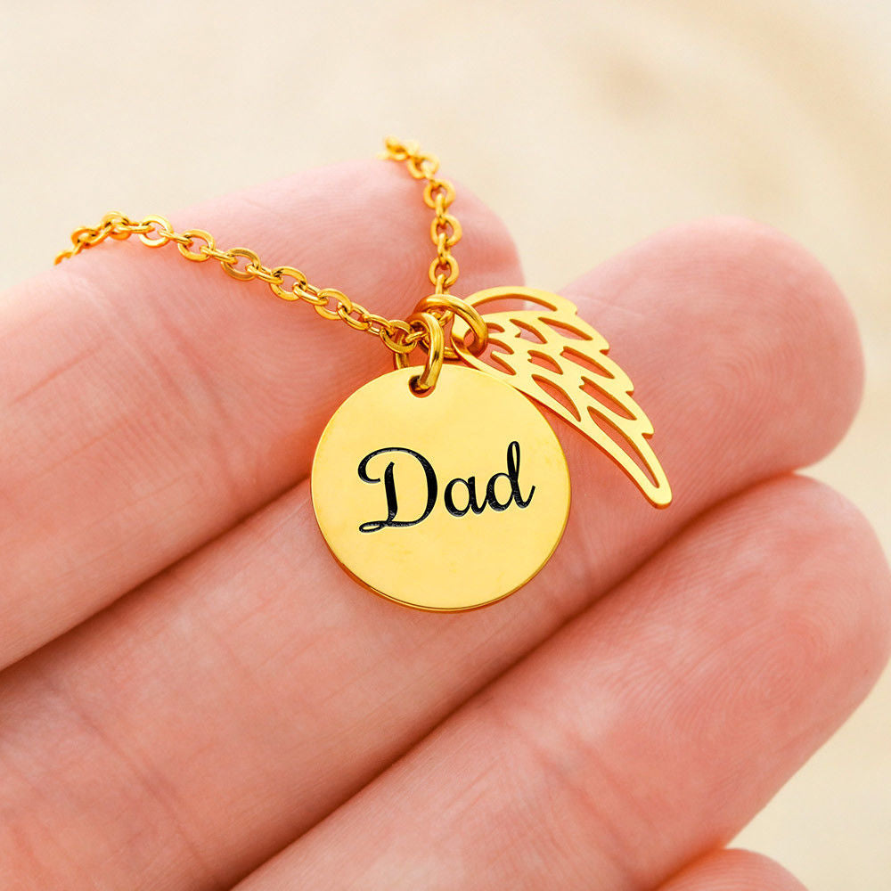 Honoring Your Father Remembrance Necklace for Dad Angel Wing Charm Stainless Steel or 18k Gold Finish-Express Your Love Gifts