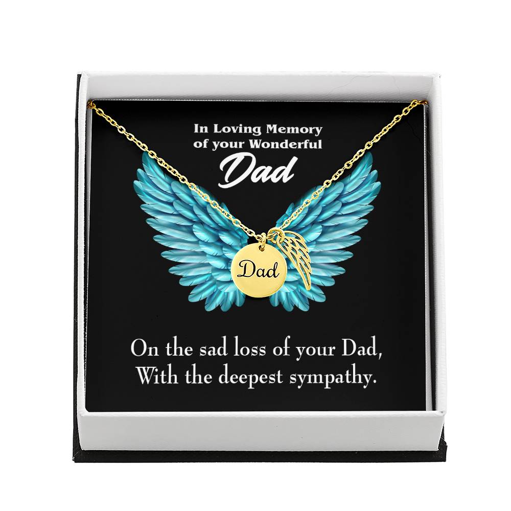 With Deepest Sympathy Remembrance Necklace for Dad Angel Wing Charm Stainless Steel or 18k Gold Finish-Express Your Love Gifts