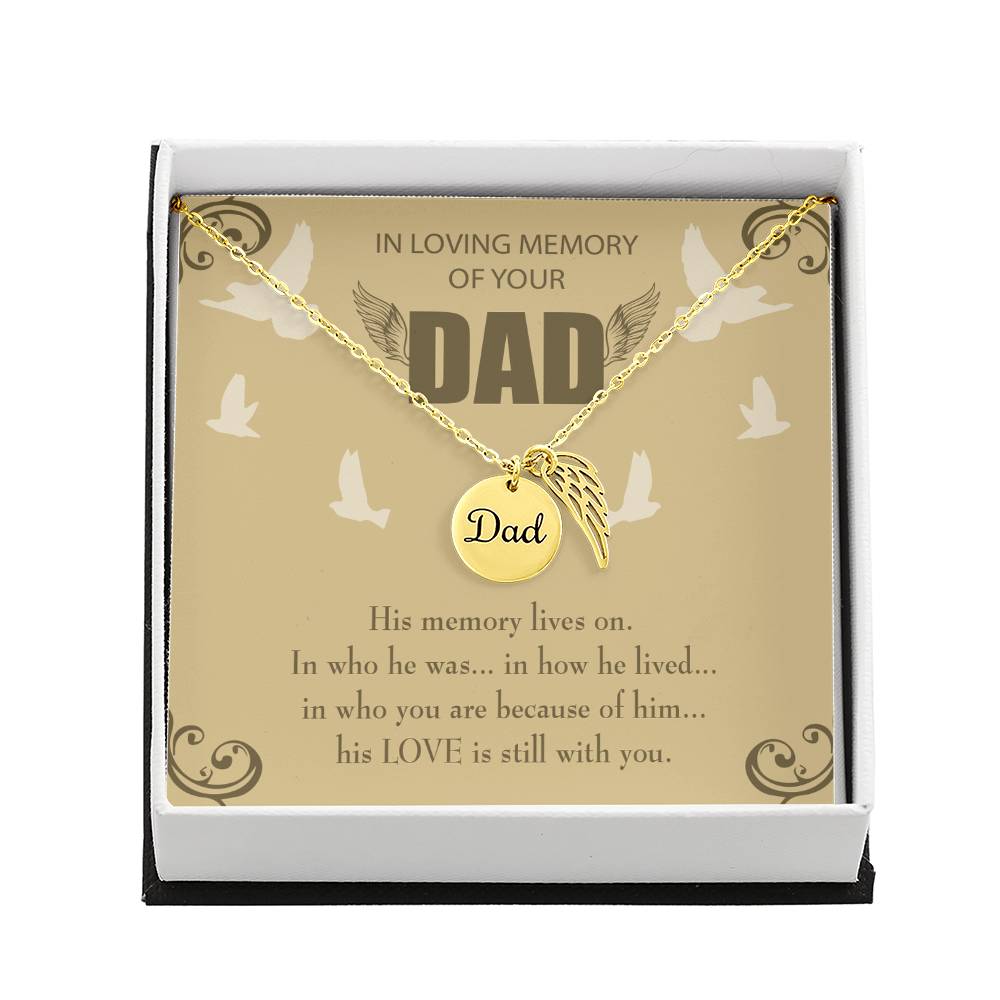 His Memory Lives On Remembrance Necklace for Dad Angel Wing Charm Stainless Steel or 18k Gold Finish-Express Your Love Gifts