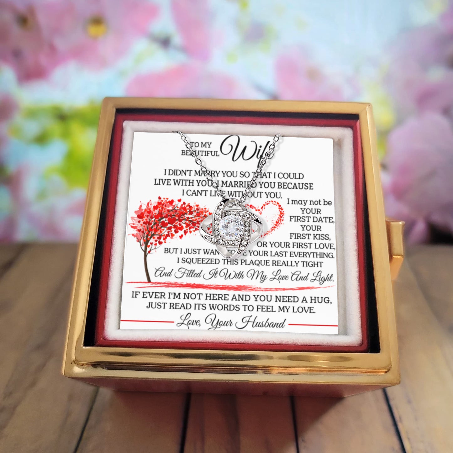 To My Wife – I Can't Live Without You Love Knot Necklace with Rotating Rose Gift Box-Express Your Love Gifts