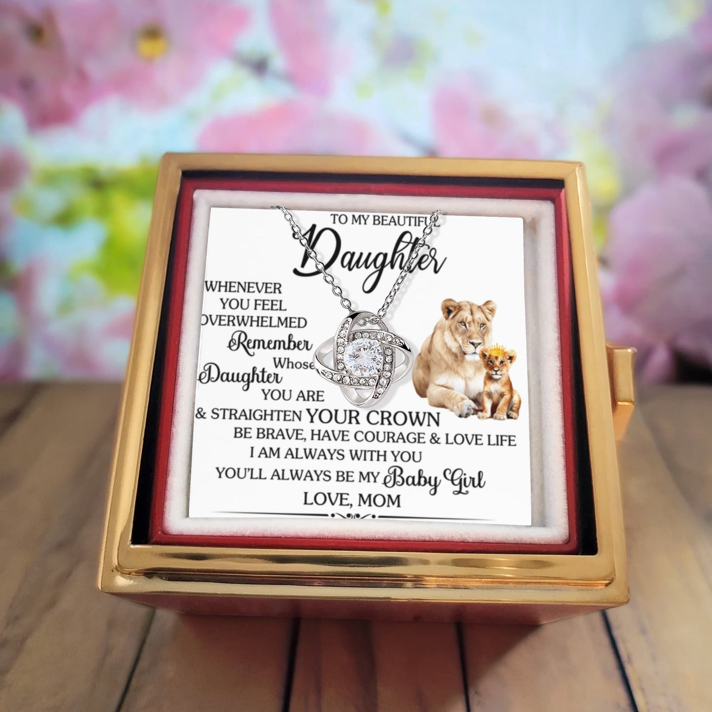 To My Daughter – Straighten Your Crown Love Knot Necklace with Rotating Rose Box-Express Your Love Gifts