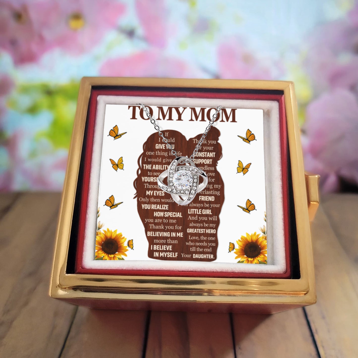 To My Mom – Constant Support Love Knot Necklace with Rotating Rose Box-Express Your Love Gifts