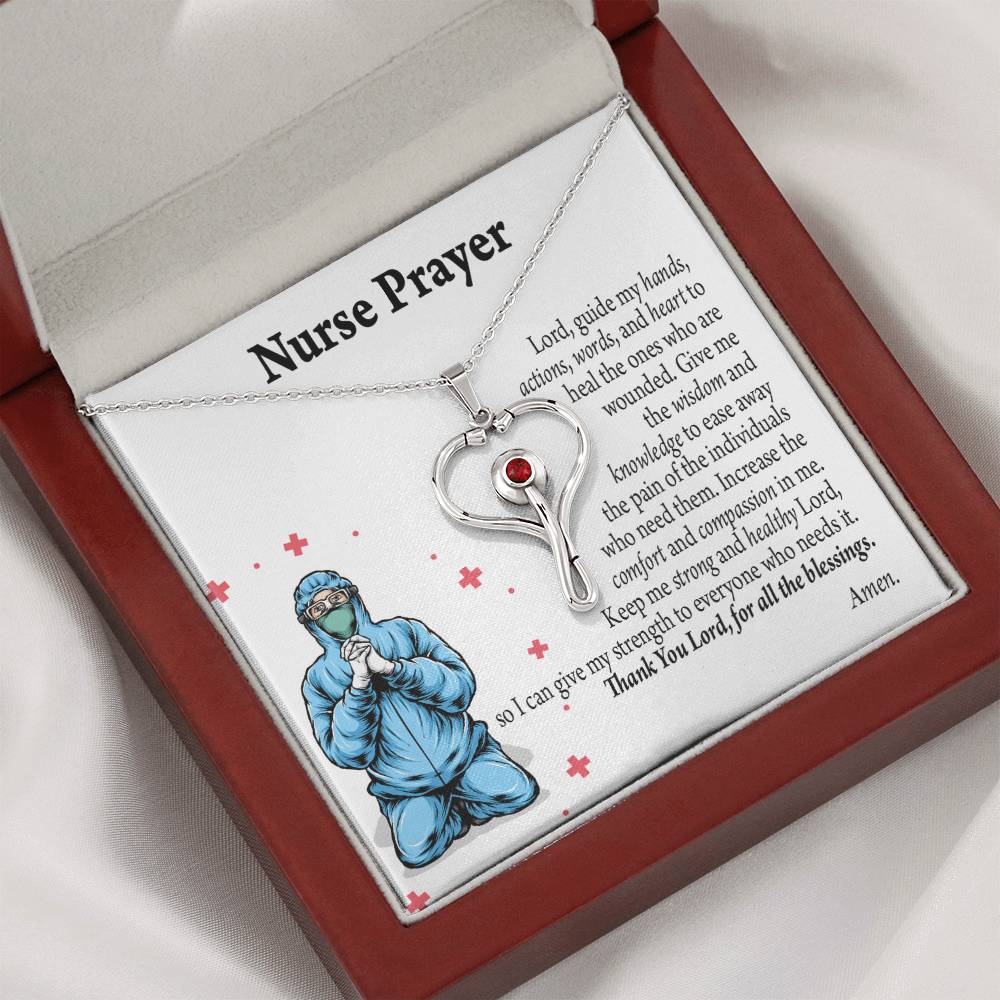 Nurse Prayer Necklace Heart Scope Necklace Red Swarovski Crystal Adjustable Chain 18-22"-Express Your Love Gifts
