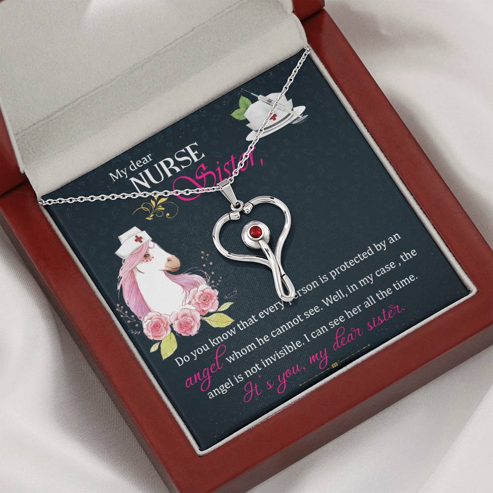 My dear nurse sister Heart Scope Necklace Red Swarovski Crystal Adjustable Chain 18-22"-Express Your Love Gifts