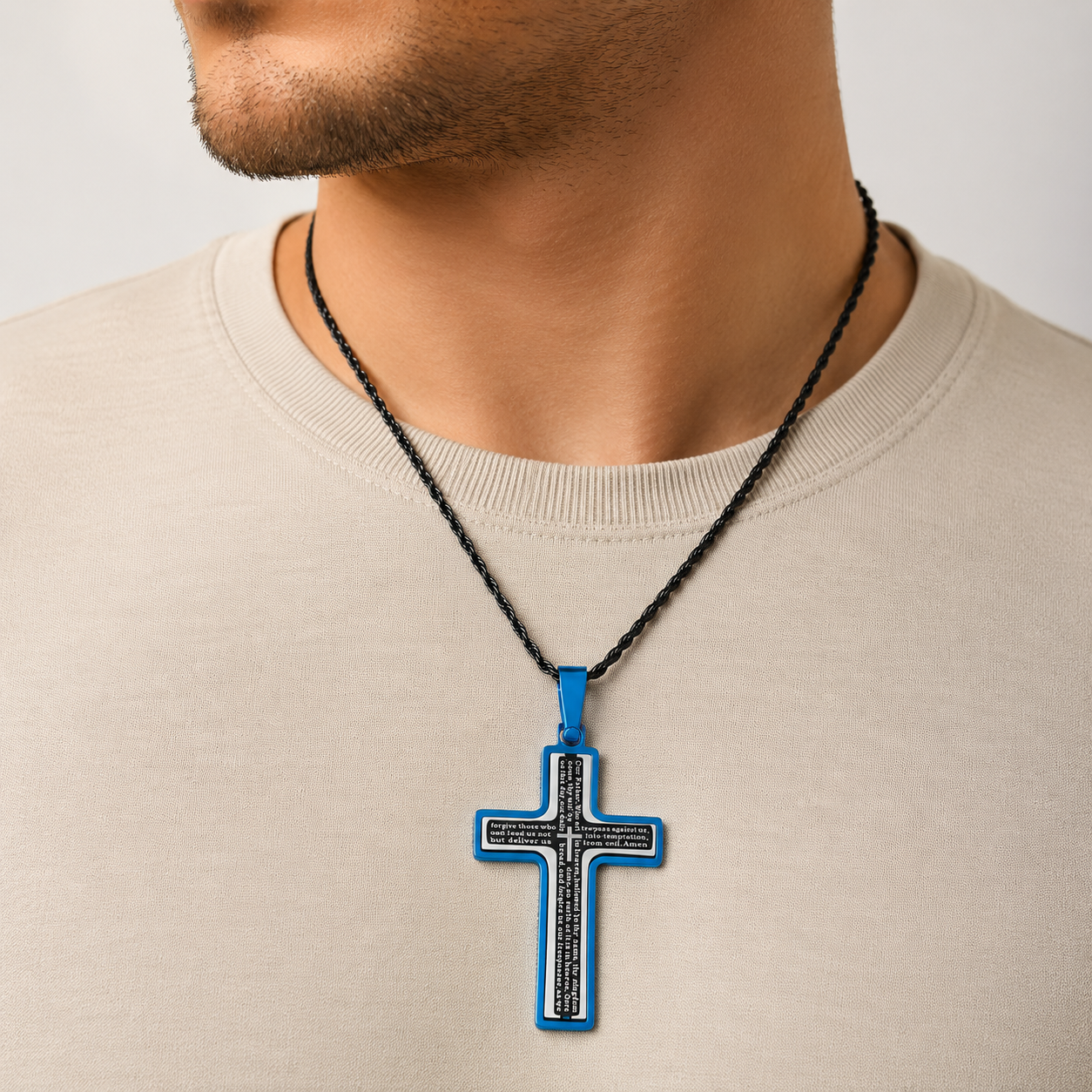 Our Father Spinning Cross Men's Necklace Blue & Black IP Stainless Steel 24"-Express Your Love Gifts