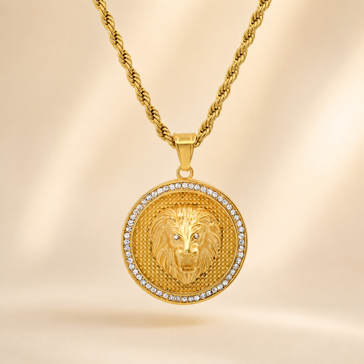Lion Head Men's 18K Gold Plated Pendant Diamond-Accented 24" Chain-Express Your Love Gifts