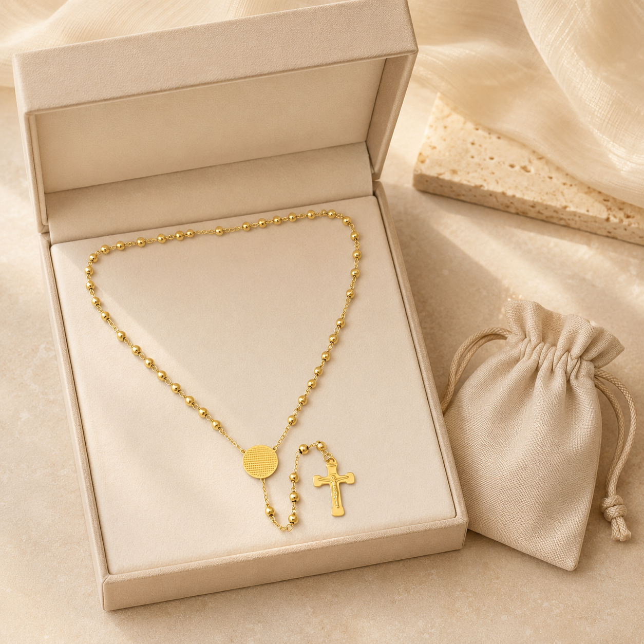 Padre Nuestro Rosary Necklace 18K Gold Plated Stainless Steel-Express Your Love Gifts