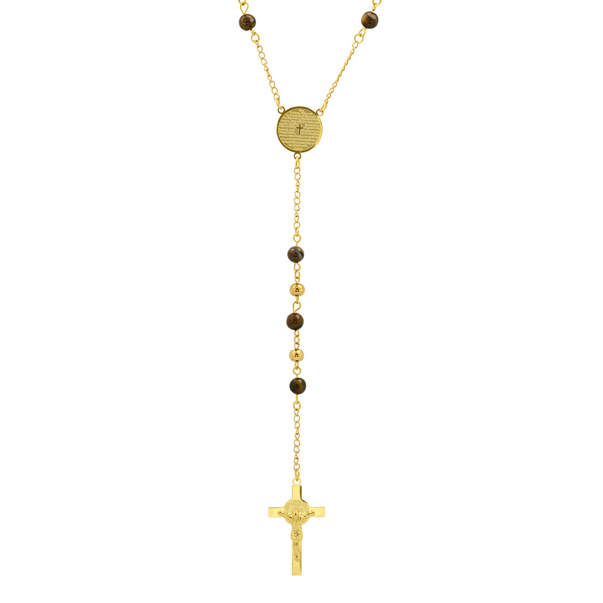 Our Father Prayer and Tiger Eye Rosary 18k Gold Plated Stainless Steel Necklace-Express Your Love Gifts