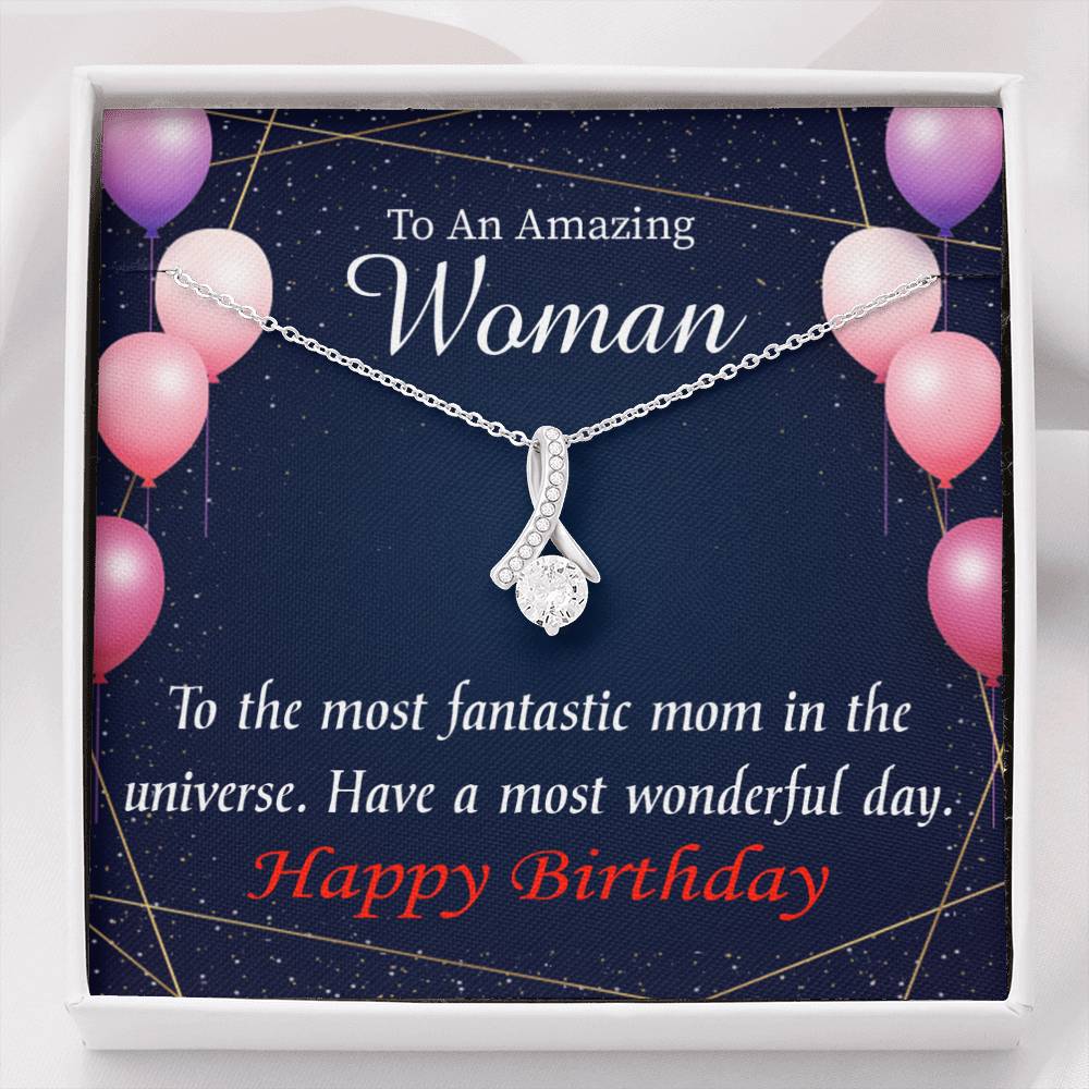 Mom Gift Most Fantastic Mom Eternity Ribbon Stone Pendant 14K White Gold Stainless Steel 18-22" Mom Birthday Messages-Express Your Love Gifts
