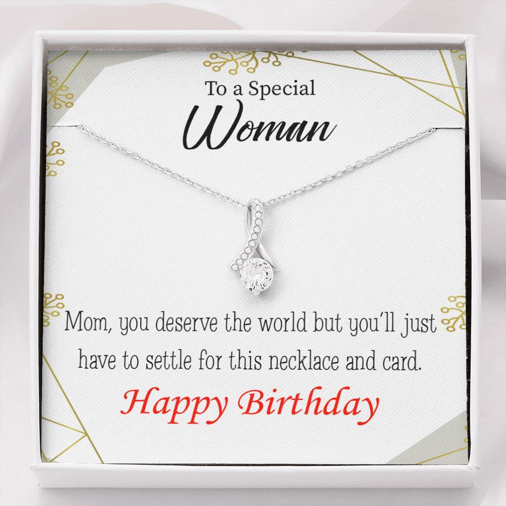 Mom Gift You Deserve The World Eternity Ribbon Stone Pendant 14K White Gold Stainless Steel 18-22" Mom Birthday Messages-Express Your Love Gifts