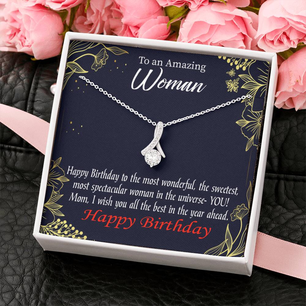 Mom Gift Spectacular Woman Eternity Ribbon Stone Pendant 14K White Gold Stainless Steel 18-22" Mom Birthday Messages-Express Your Love Gifts