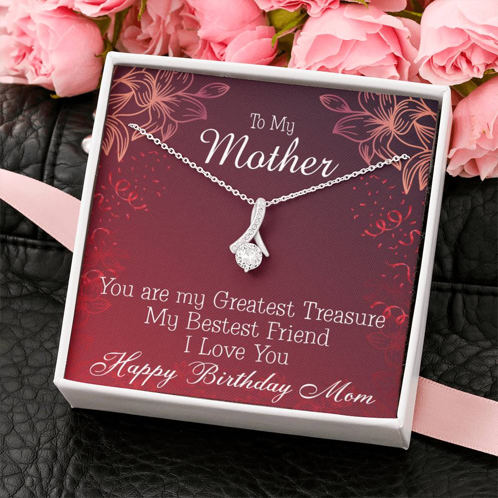 Mom My Greatest Treasure Eternity Ribbon Stone Necklace Message Birthday Card-Express Your Love Gifts