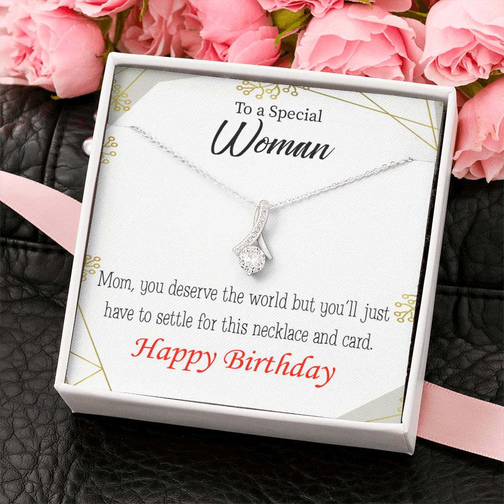 Mom Gift You Deserve The World Eternity Ribbon Stone Pendant 14K White Gold Stainless Steel 18-22" Mom Birthday Messages-Express Your Love Gifts