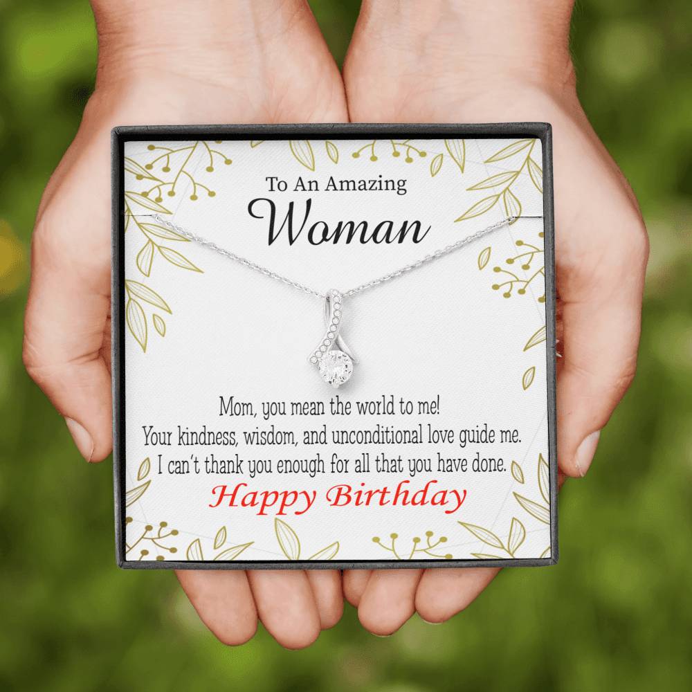 Mom Gift You Mean The World To Me Eternity Ribbon Stone Pendant 14K White Gold Stainless Steel 18-22" Mom Birthday Messages-Express Your Love Gifts