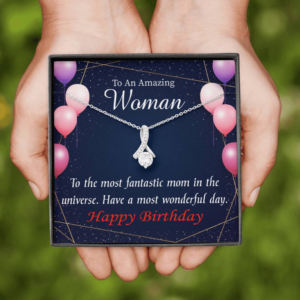 Mom Gift Most Fantastic Mom Eternity Ribbon Stone Pendant 14K White Gold Stainless Steel 18-22" Mom Birthday Messages-Express Your Love Gifts