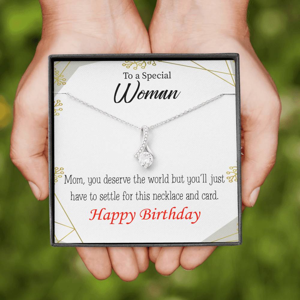 Mom Gift You Deserve The World Eternity Ribbon Stone Pendant 14K White Gold Stainless Steel 18-22" Mom Birthday Messages-Express Your Love Gifts