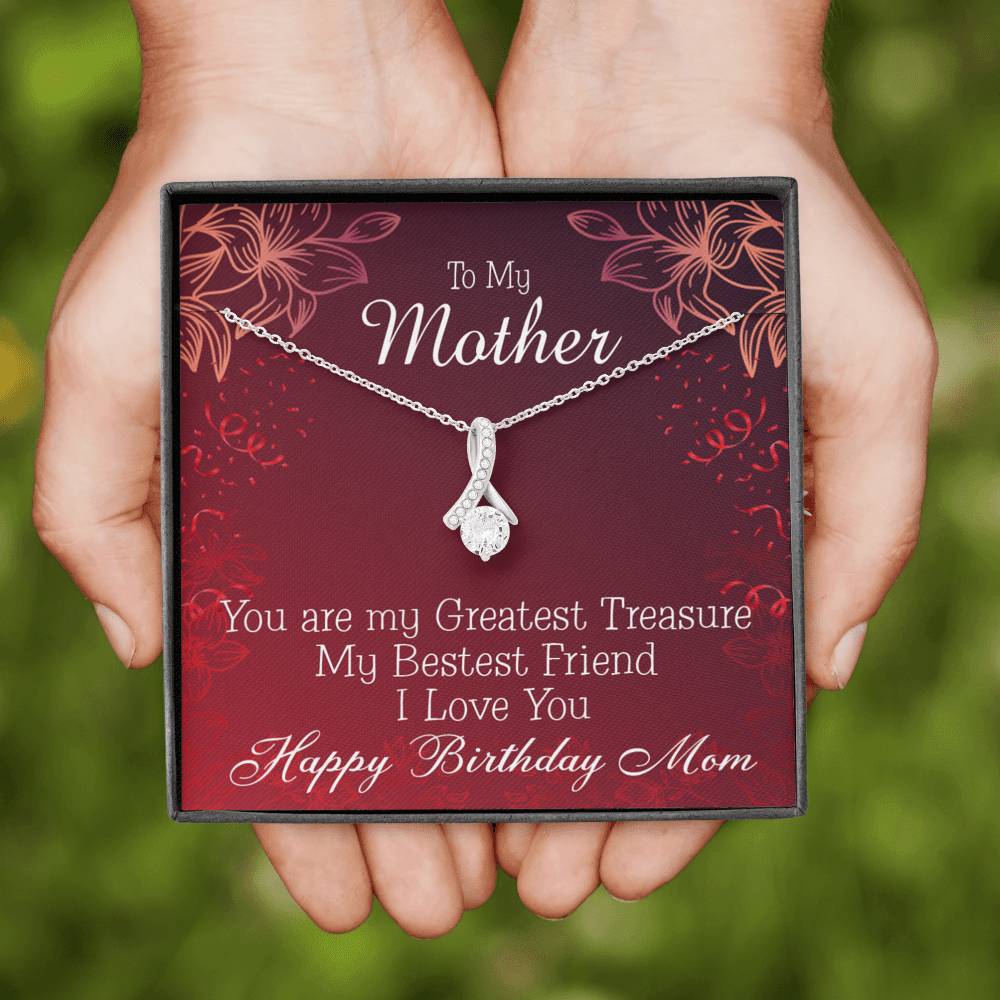 Mom My Greatest Treasure Eternity Ribbon Stone Necklace Message Birthday Card-Express Your Love Gifts