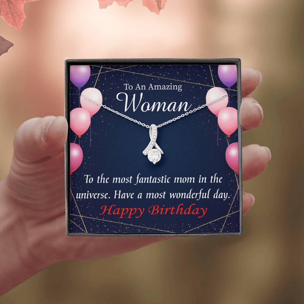 Mom Gift Most Fantastic Mom Eternity Ribbon Stone Pendant 14K White Gold Stainless Steel 18-22" Mom Birthday Messages-Express Your Love Gifts