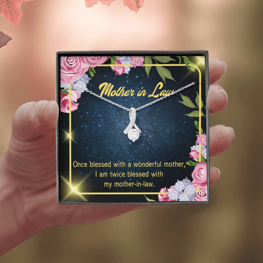 Mother-In-Law Necklace Twice Blessed Eternity Ribbon Stone Pendant Keepsake Message Card-Express Your Love Gifts