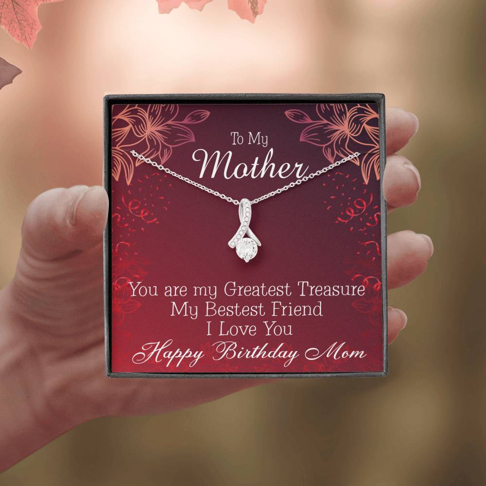Mom My Greatest Treasure Eternity Ribbon Stone Necklace Message Birthday Card-Express Your Love Gifts