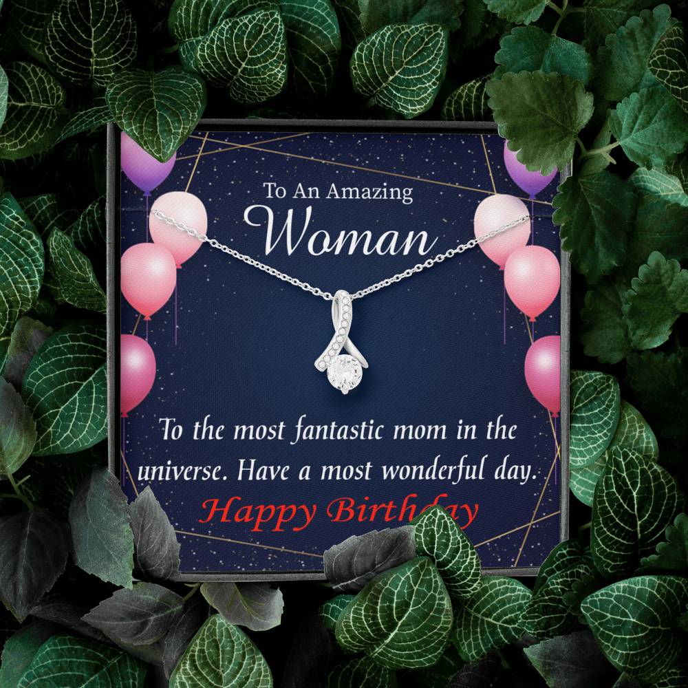 Mom Gift Most Fantastic Mom Eternity Ribbon Stone Pendant 14K White Gold Stainless Steel 18-22" Mom Birthday Messages-Express Your Love Gifts