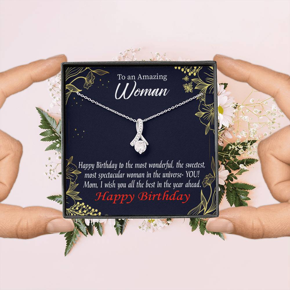 Mom Gift Spectacular Woman Eternity Ribbon Stone Pendant 14K White Gold Stainless Steel 18-22" Mom Birthday Messages-Express Your Love Gifts