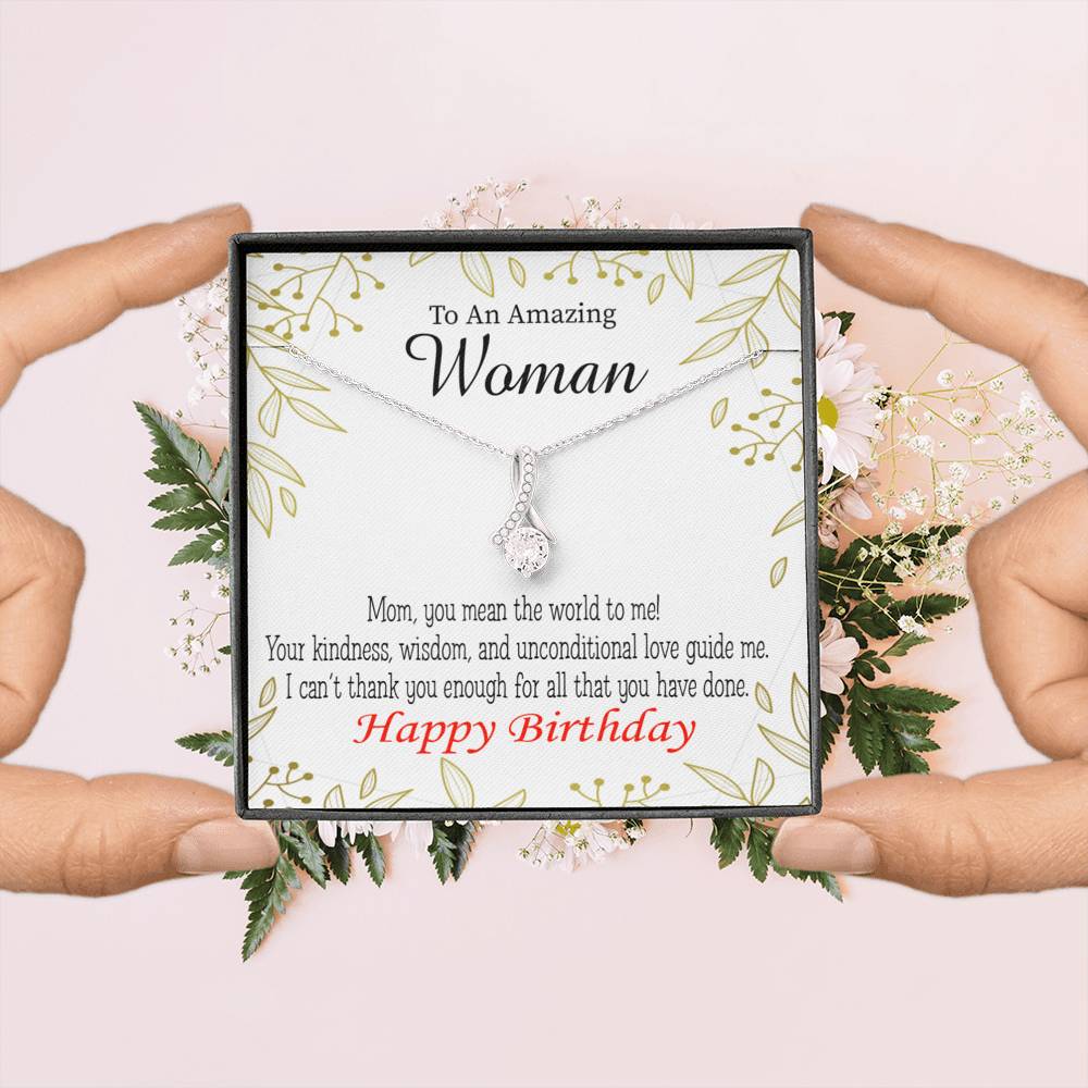 Mom Gift You Mean The World To Me Eternity Ribbon Stone Pendant 14K White Gold Stainless Steel 18-22" Mom Birthday Messages-Express Your Love Gifts