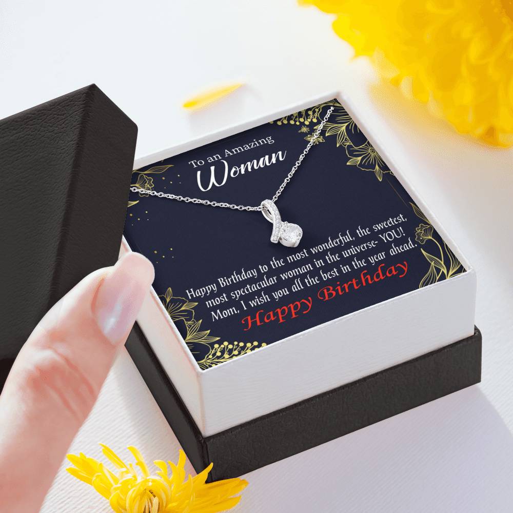 Mom Gift Spectacular Woman Eternity Ribbon Stone Pendant 14K White Gold Stainless Steel 18-22" Mom Birthday Messages-Express Your Love Gifts