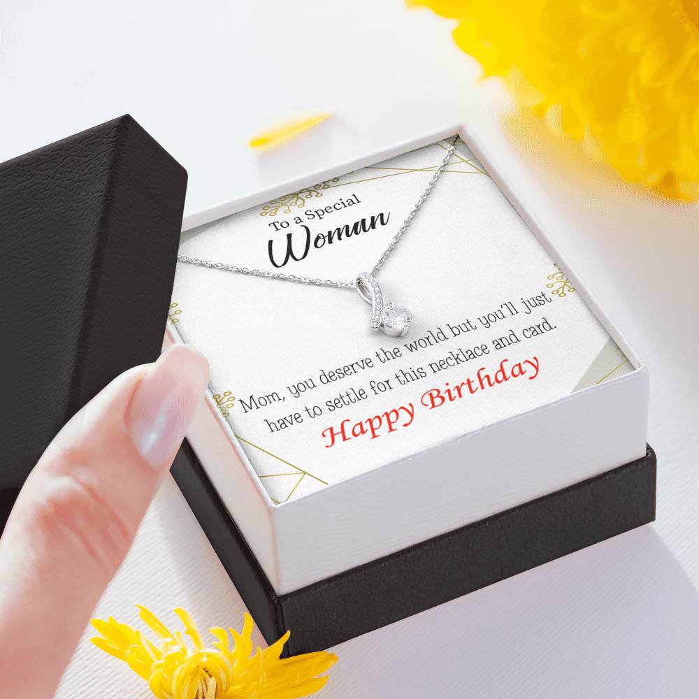 Mom Gift You Deserve The World Eternity Ribbon Stone Pendant 14K White Gold Stainless Steel 18-22" Mom Birthday Messages-Express Your Love Gifts