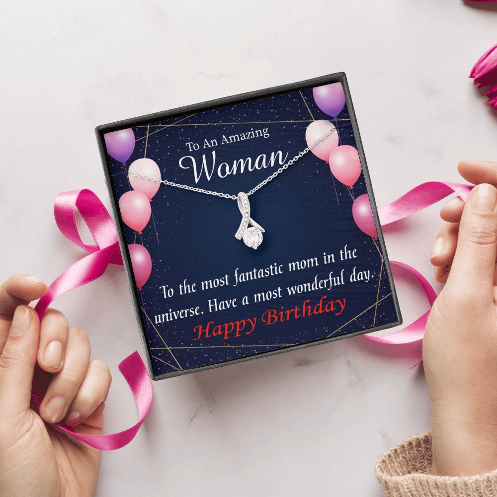 Mom Gift Most Fantastic Mom Eternity Ribbon Stone Pendant 14K White Gold Stainless Steel 18-22" Mom Birthday Messages-Express Your Love Gifts