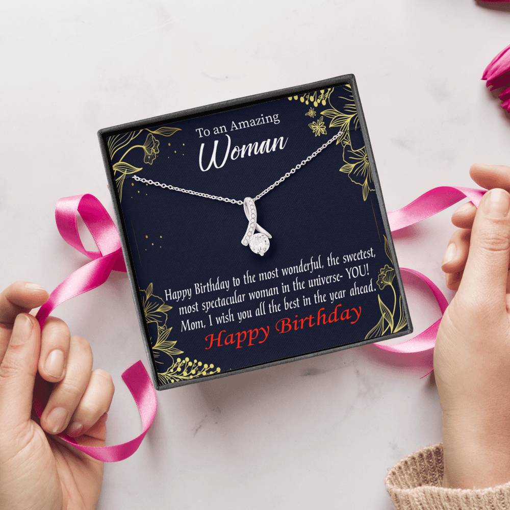 Mom Gift Spectacular Woman Eternity Ribbon Stone Pendant 14K White Gold Stainless Steel 18-22" Mom Birthday Messages-Express Your Love Gifts
