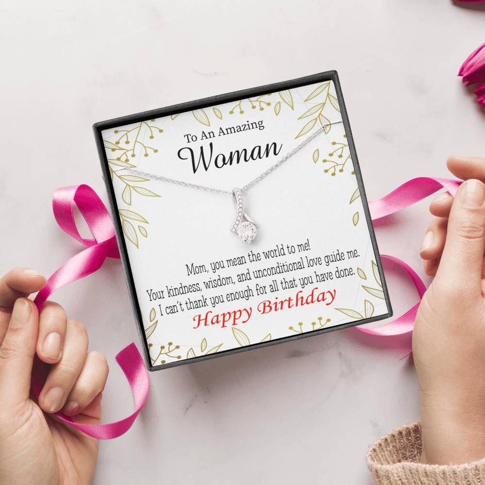 Mom Gift You Mean The World To Me Eternity Ribbon Stone Pendant 14K White Gold Stainless Steel 18-22" Mom Birthday Messages-Express Your Love Gifts