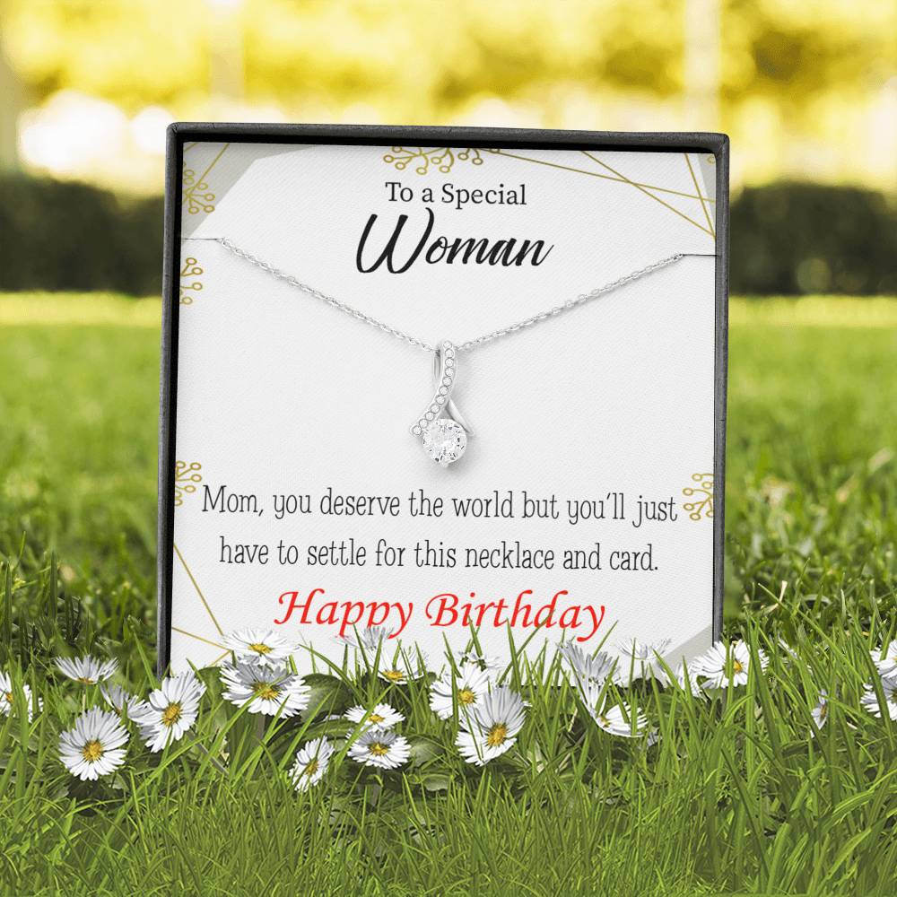 Mom Gift You Deserve The World Eternity Ribbon Stone Pendant 14K White Gold Stainless Steel 18-22" Mom Birthday Messages-Express Your Love Gifts