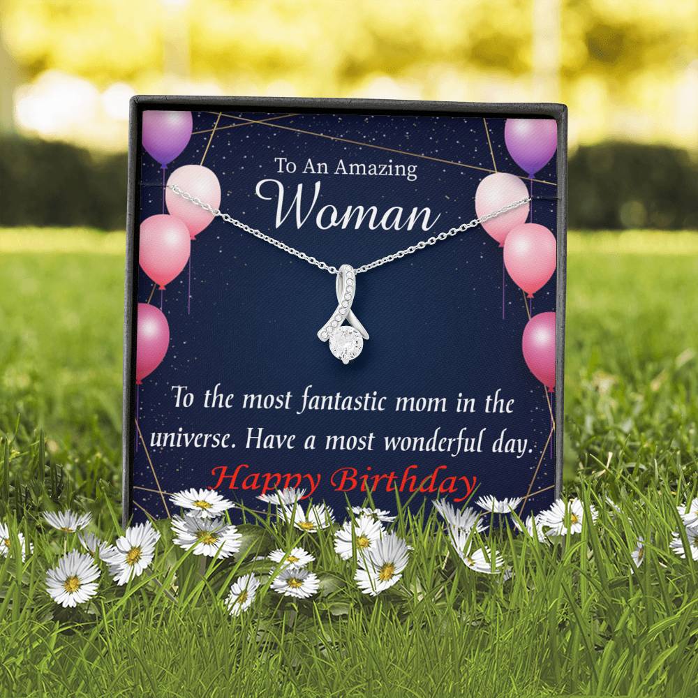 Mom Gift Most Fantastic Mom Eternity Ribbon Stone Pendant 14K White Gold Stainless Steel 18-22" Mom Birthday Messages-Express Your Love Gifts