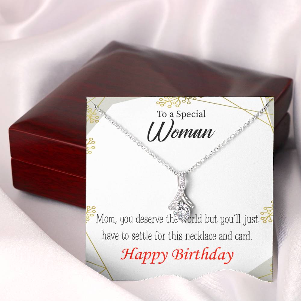 Mom Gift You Deserve The World Eternity Ribbon Stone Pendant 14K White Gold Stainless Steel 18-22" Mom Birthday Messages-Express Your Love Gifts