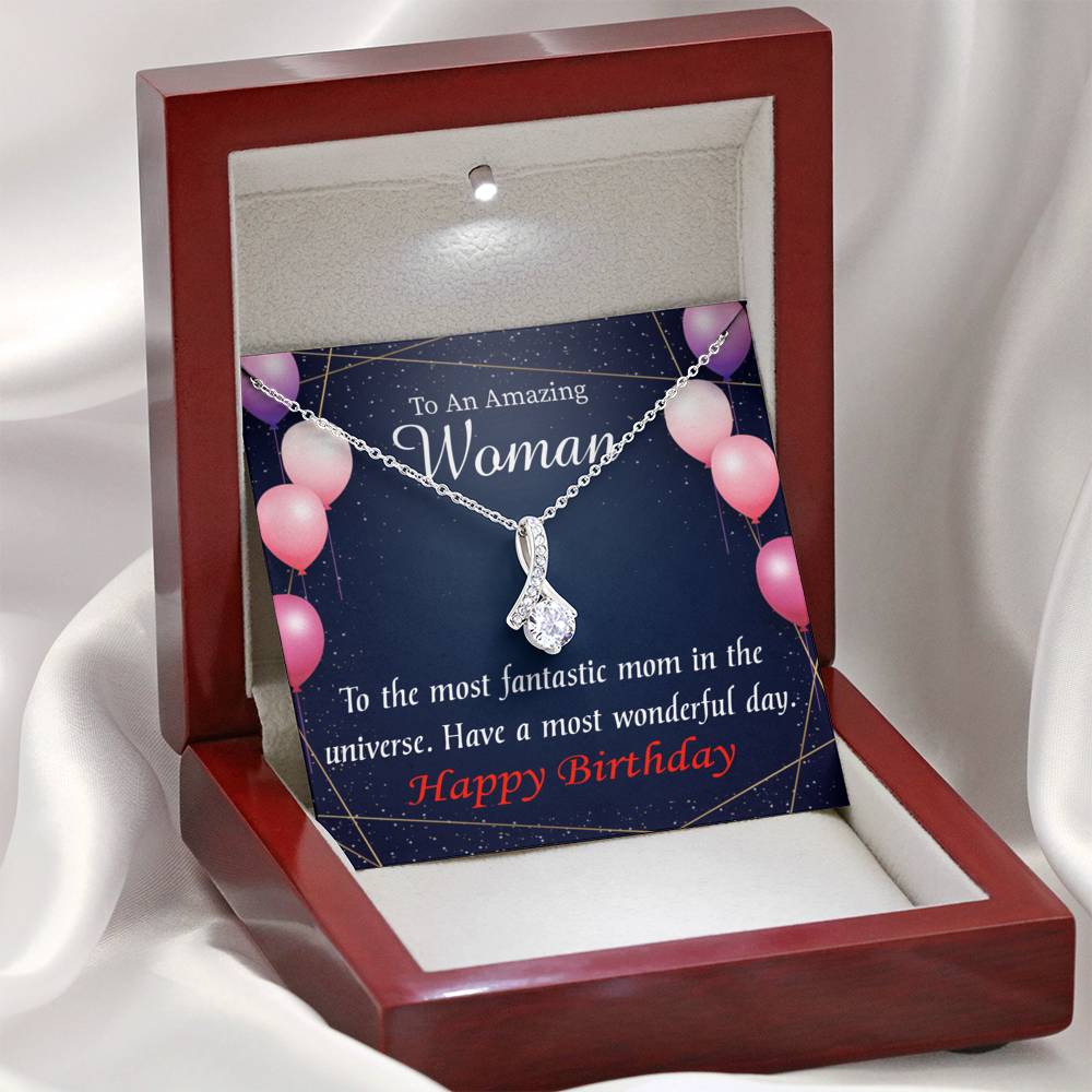 Mom Gift Most Fantastic Mom Eternity Ribbon Stone Pendant 14K White Gold Stainless Steel 18-22" Mom Birthday Messages-Express Your Love Gifts