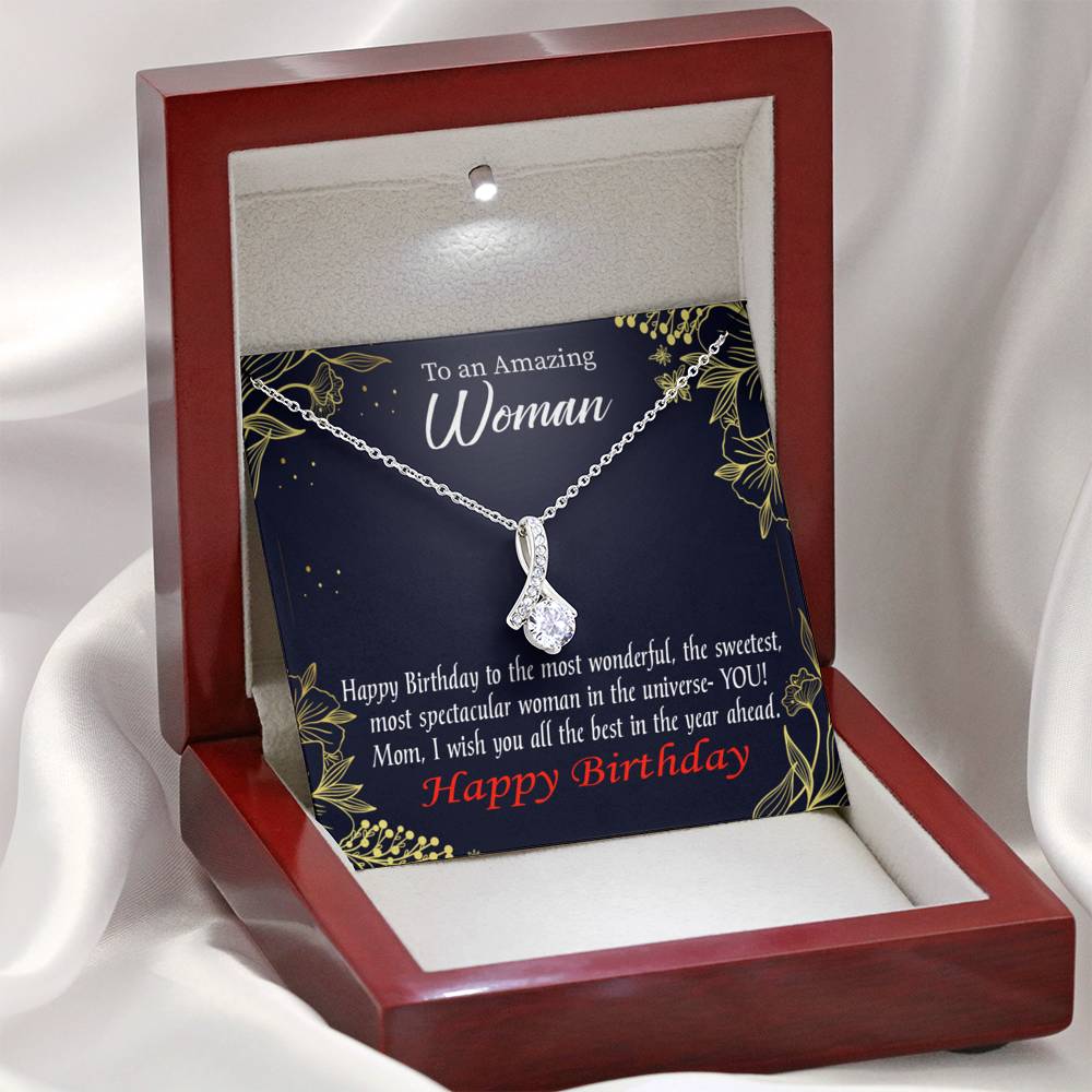 Mom Gift Spectacular Woman Eternity Ribbon Stone Pendant 14K White Gold Stainless Steel 18-22" Mom Birthday Messages-Express Your Love Gifts