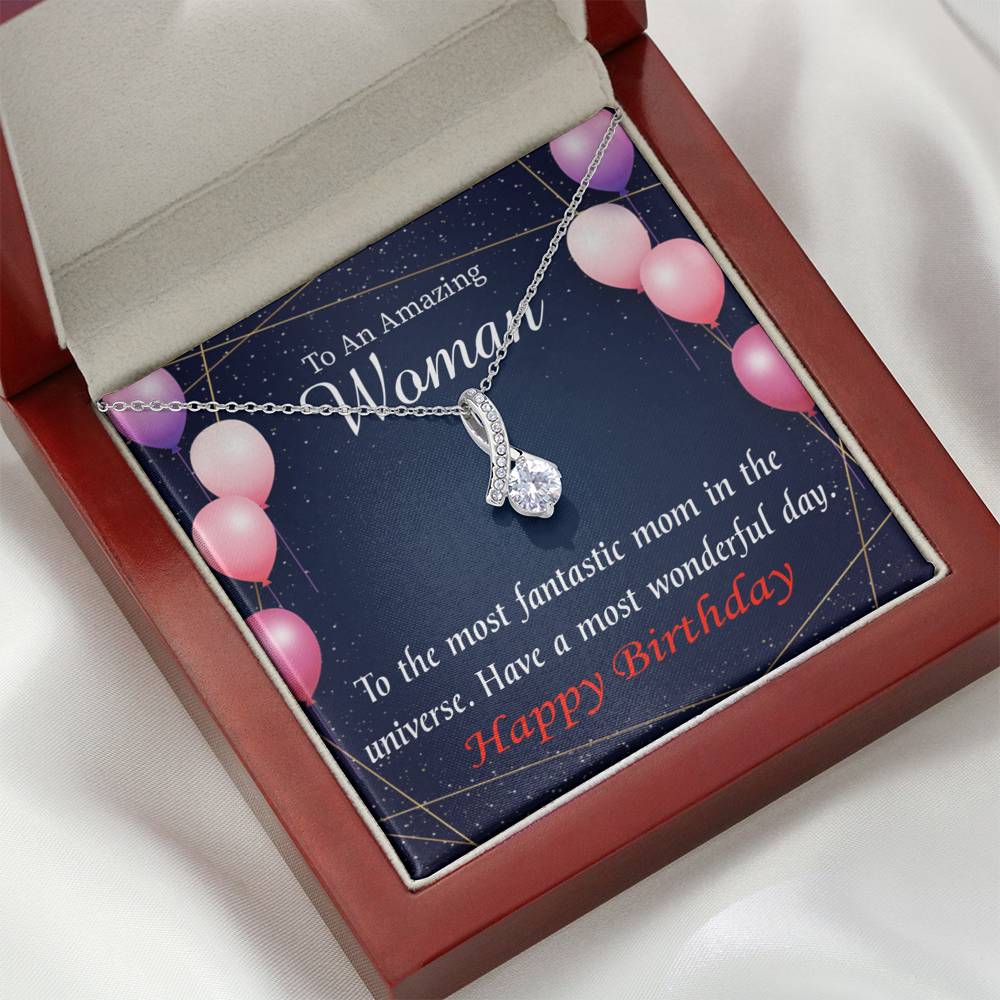 Mom Gift Most Fantastic Mom Eternity Ribbon Stone Pendant 14K White Gold Stainless Steel 18-22" Mom Birthday Messages-Express Your Love Gifts