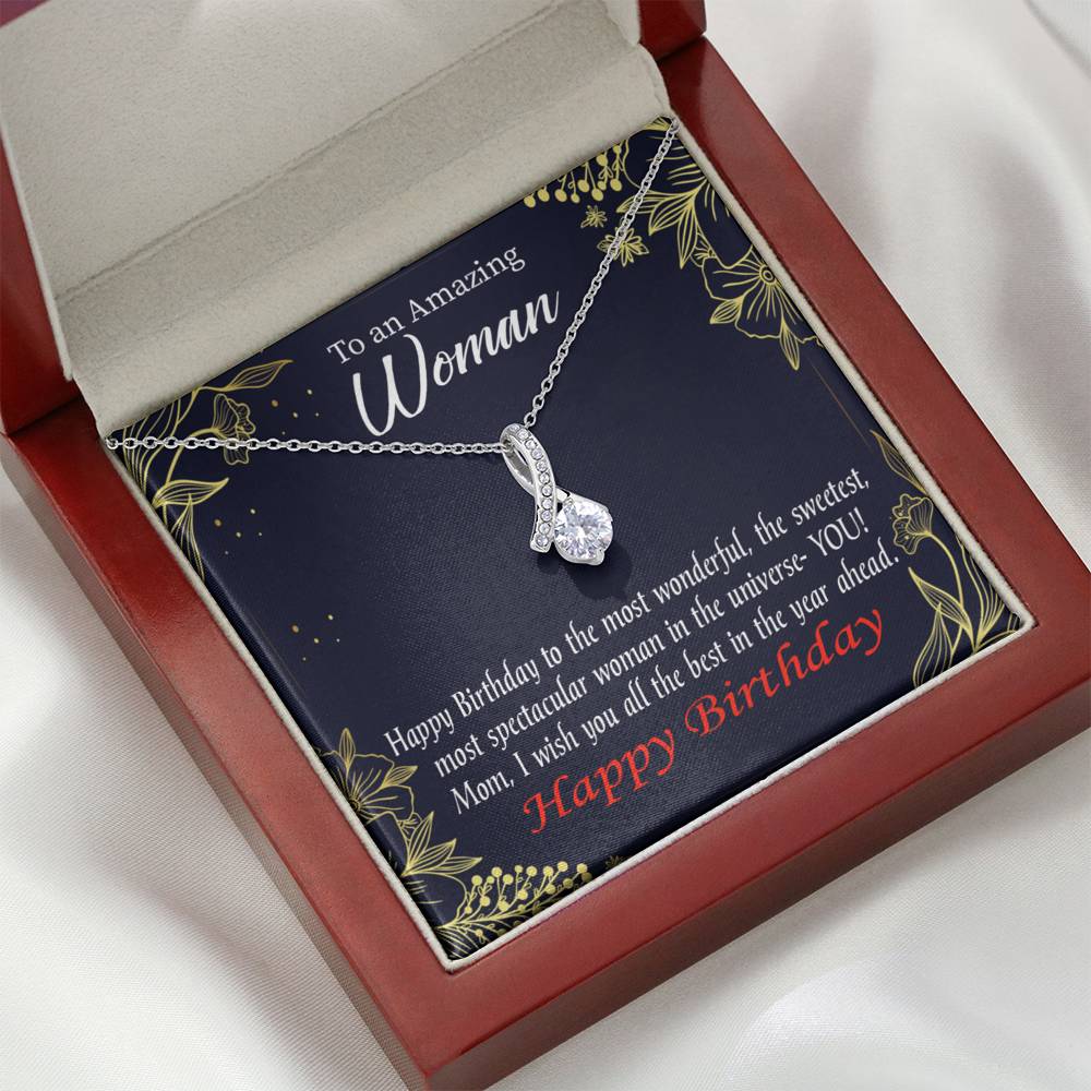 Mom Gift Spectacular Woman Eternity Ribbon Stone Pendant 14K White Gold Stainless Steel 18-22" Mom Birthday Messages-Express Your Love Gifts