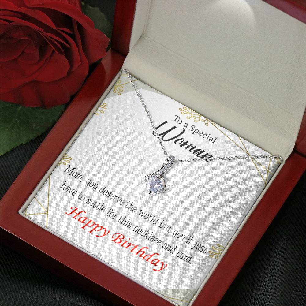 Mom Gift You Deserve The World Eternity Ribbon Stone Pendant 14K White Gold Stainless Steel 18-22" Mom Birthday Messages-Express Your Love Gifts
