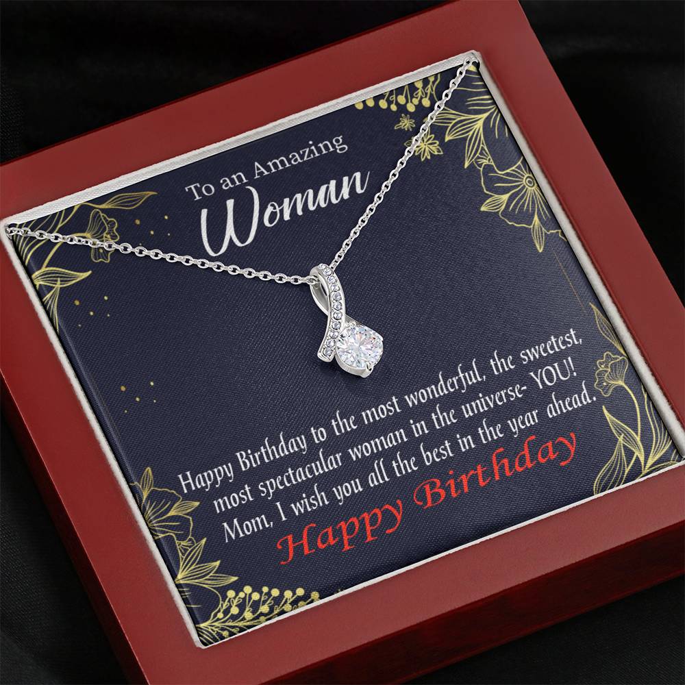 Mom Gift Spectacular Woman Eternity Ribbon Stone Pendant 14K White Gold Stainless Steel 18-22" Mom Birthday Messages-Express Your Love Gifts