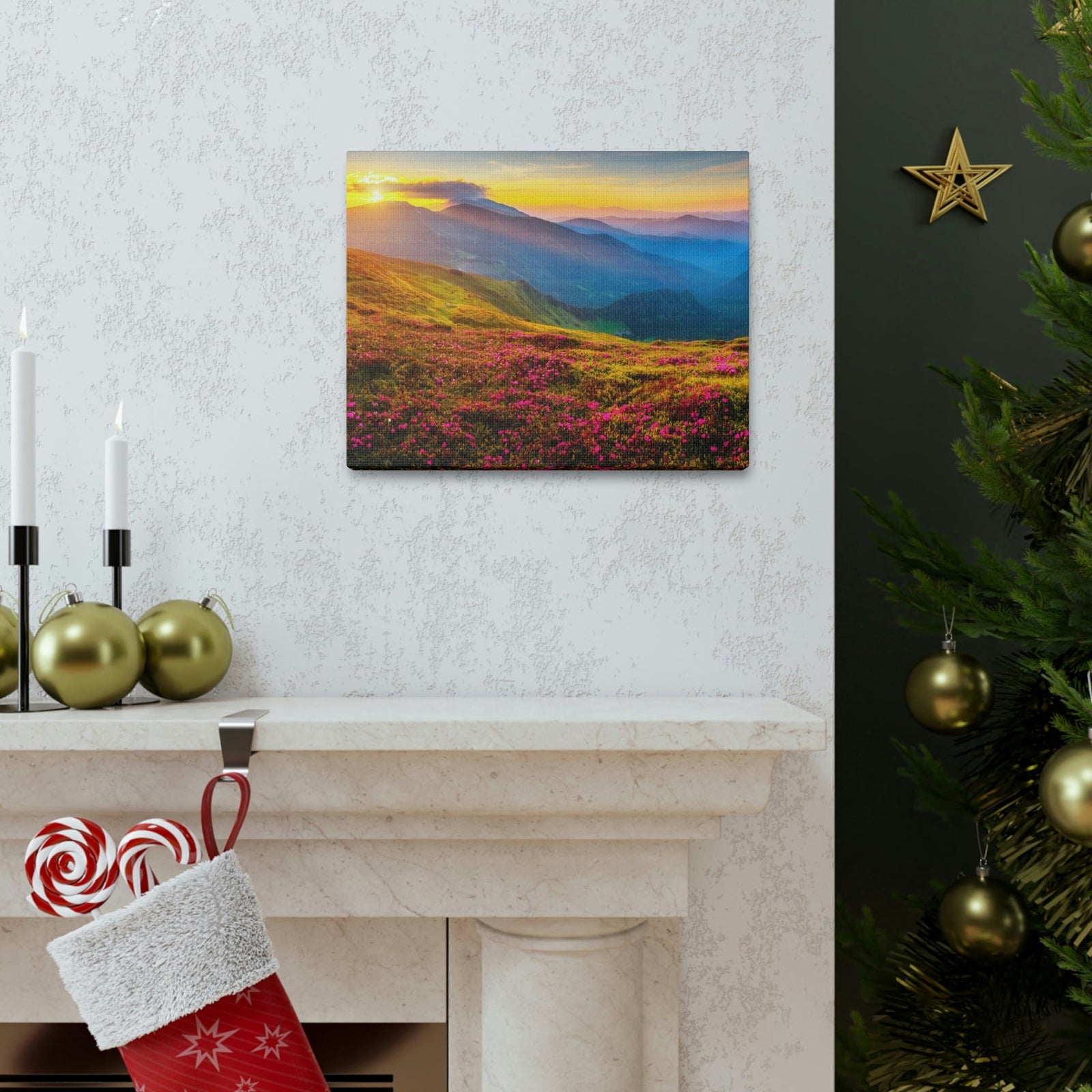 Attractive Summer Sunset at the Hill Scene Beautiful Impressive and Stunning Flowers Beauty Nature Scene Pink Flowers and Mountains Wall Art Ready to Hang Unframed-Express Your Love Gifts