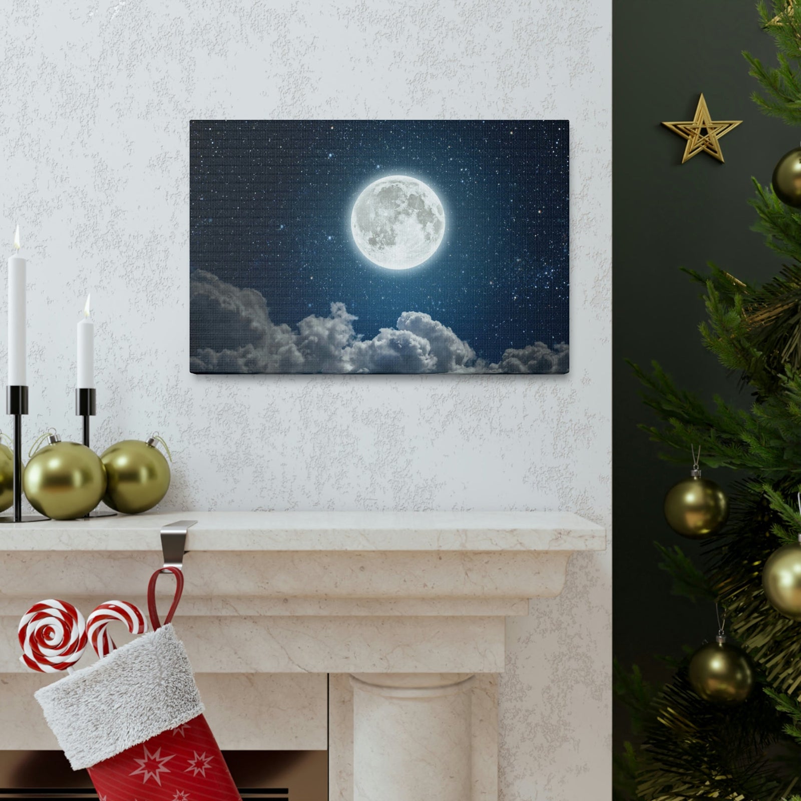 Charming Moon and Stars Scene Beautiful Engaging and Lovely Night Beauty Nature Scene Pitch Black and Shiny Night Wall Art Ready to Hang Unframed-Express Your Love Gifts