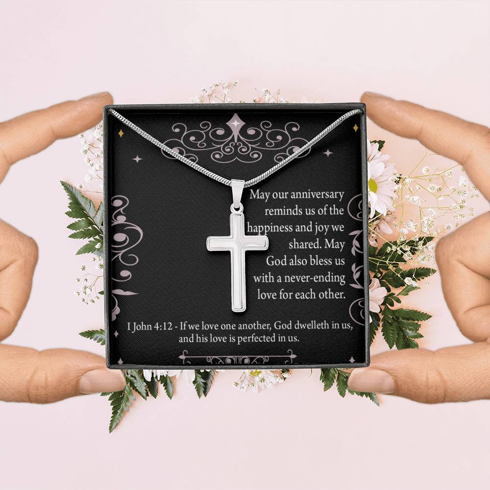 Christian Encouragement Anniversary Happiness 1 John 4:12 Cross Card Necklace w Stainless Steel Pendant-Express Your Love Gifts
