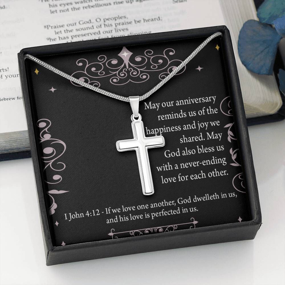 Christian Encouragement Anniversary Happiness 1 John 4:12 Cross Card Necklace w Stainless Steel Pendant-Express Your Love Gifts