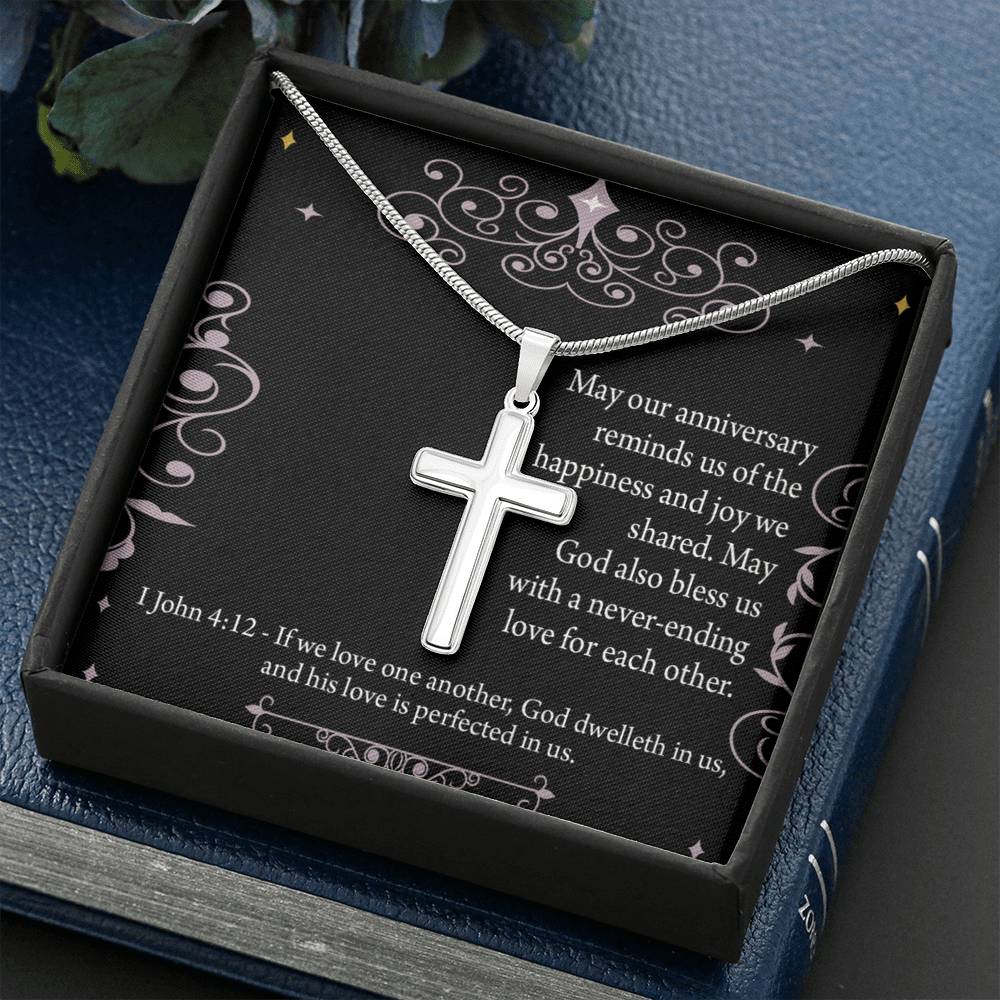 Christian Encouragement Anniversary Happiness 1 John 4:12 Cross Card Necklace w Stainless Steel Pendant-Express Your Love Gifts
