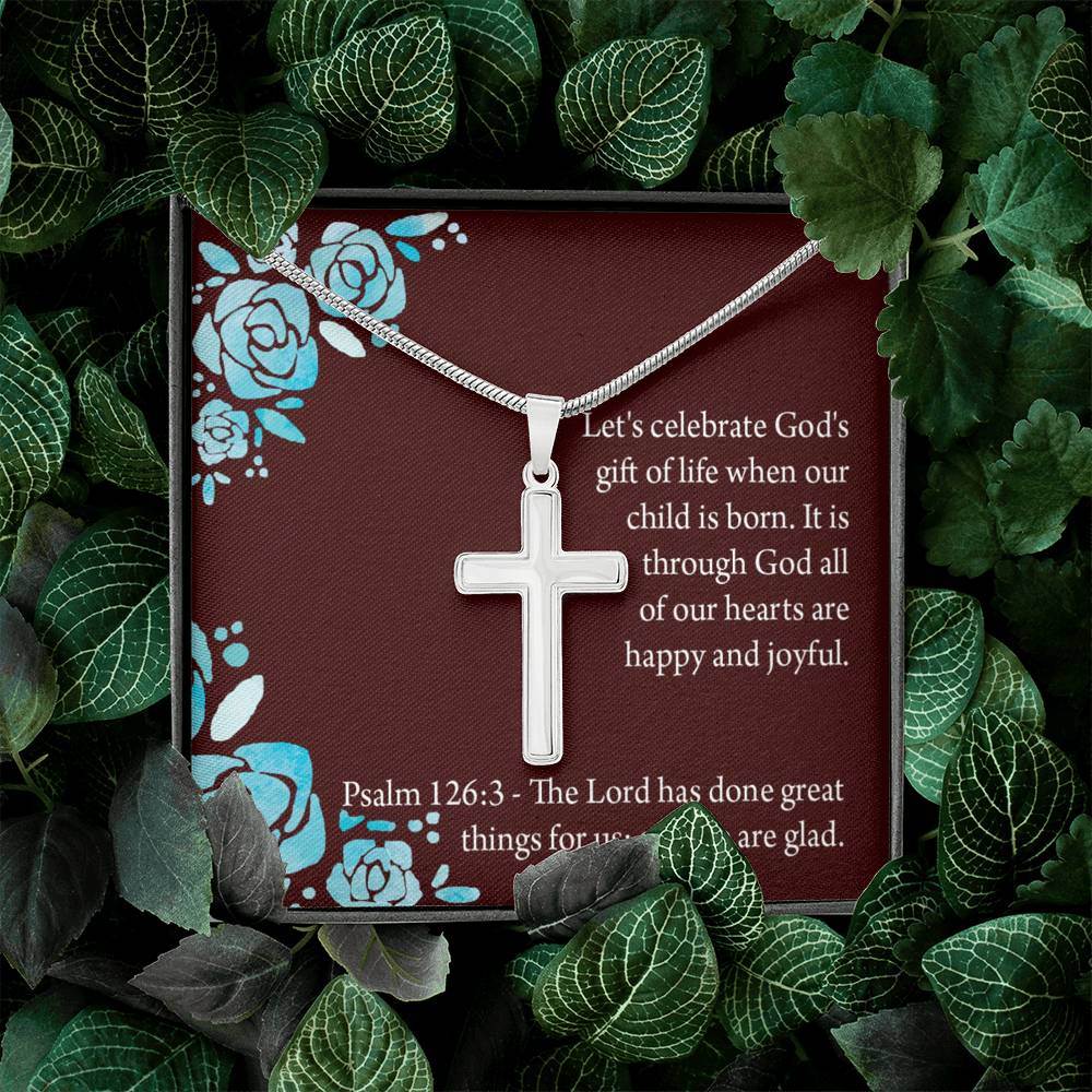Christian Encouragement Baby Girl is God's Gift Psalm 126:3 Cross Necklace Stainless Steel Pendant Message Card-Express Your Love Gifts