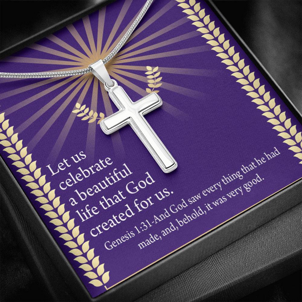 Christian Encouragement Beautiful Life Genesis 1:31 Cross Card Necklace w Stainless Steel Pendant-Express Your Love Gifts