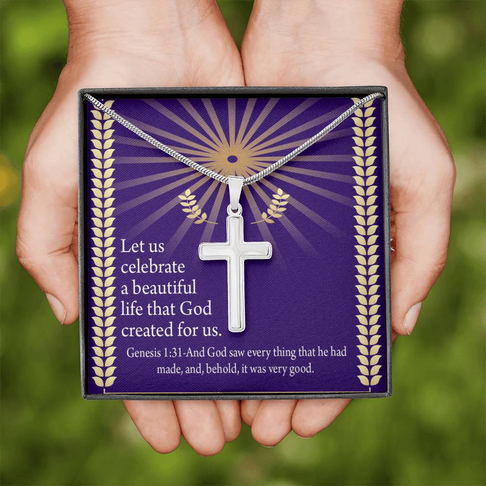 Christian Encouragement Beautiful Life Genesis 1:31 Cross Card Necklace w Stainless Steel Pendant-Express Your Love Gifts